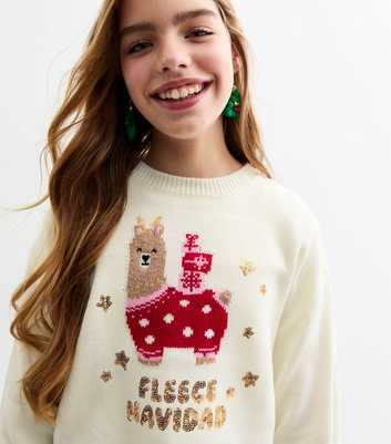 Girls Off White Fleece Navidad Christmas Jumper