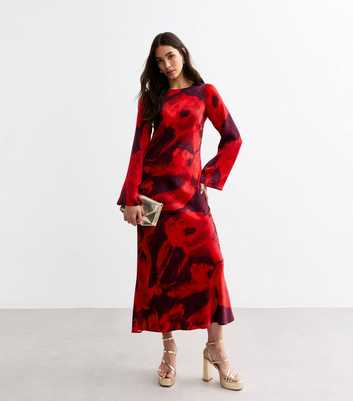 Red Abstract Print Long Sleeved Midi Dress