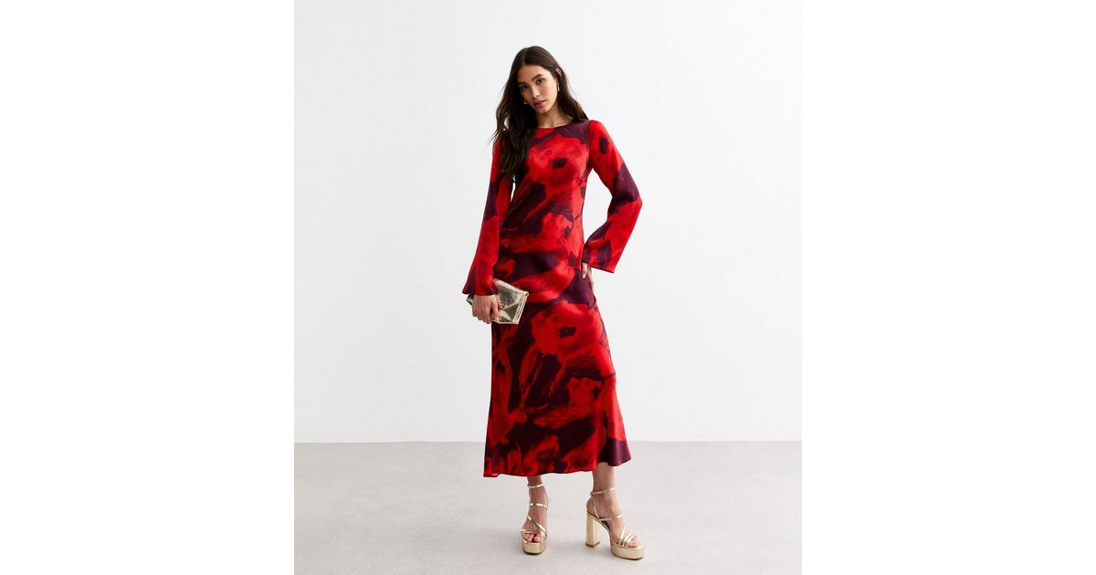 Pre-Order Red Abstract Print Square Neck Flowy Midi Dress main image 1