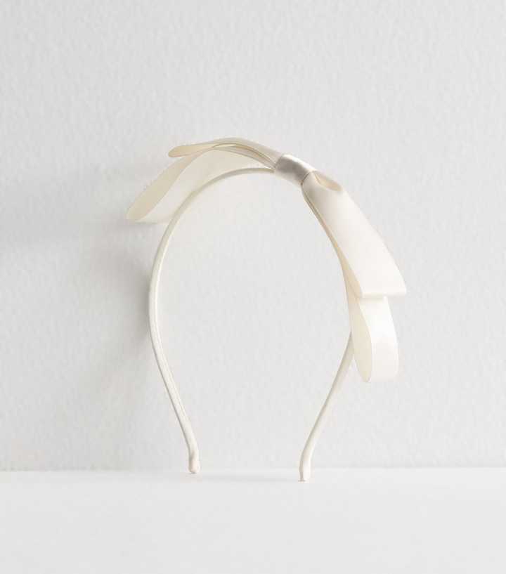 Cream Slim Satin Bow Headband 
