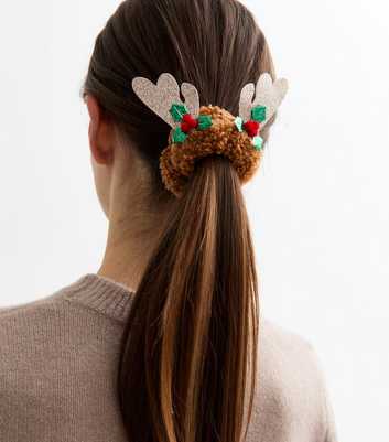 Light Brown Christmas Reindeer Borg Hair Scrunchie