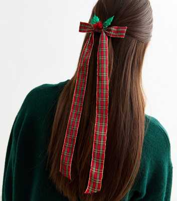 Red Christmas Holly Tartan Check Satin Bow Slide