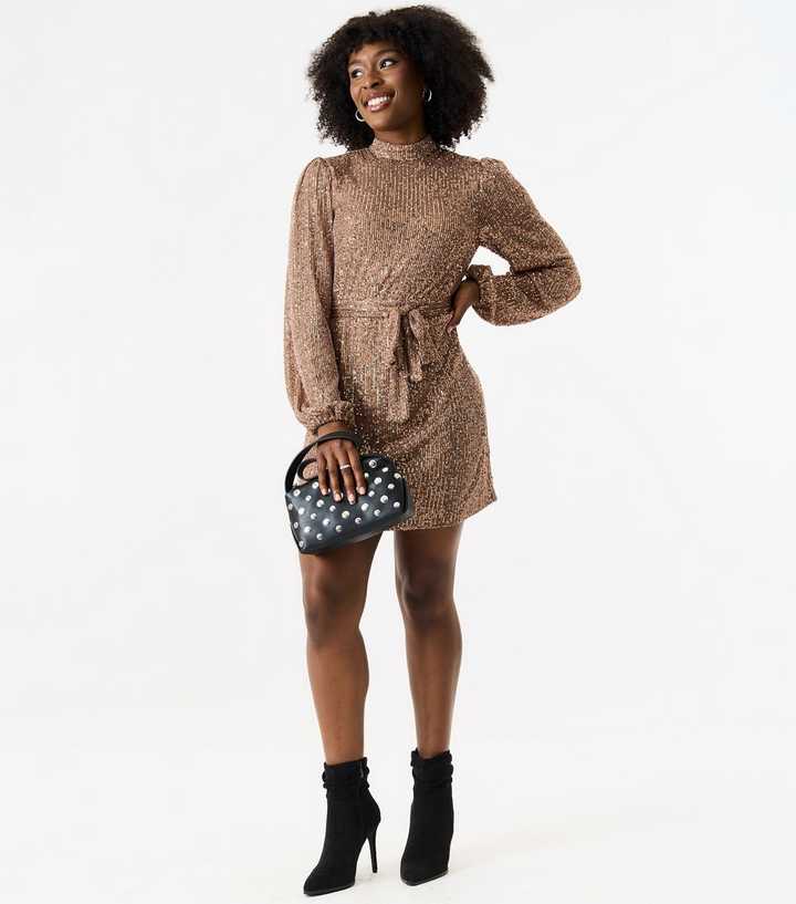 Gini London Rose Gold Sequinned Long Sleeve Mini Dress | New Look Gini London Rose Gold Sequinned Long Sleeve Mini Dress | New Look