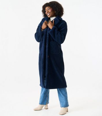 Gini London Navy Borg Longline Teddy Coat New Look