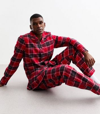 Men's Red Checked Brushed Cotton Pyjama Set New Look