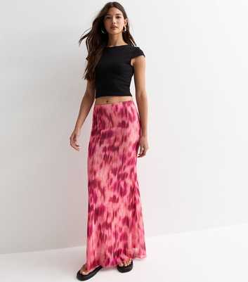 Pink Blur-Print Mesh Maxi Skirt 