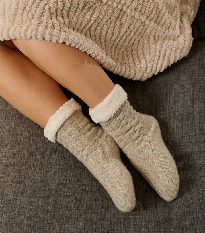 Loungeable Brown Cable Knit Fleece Socks