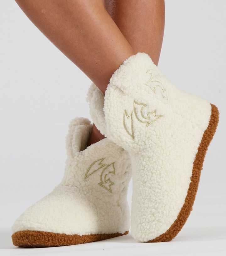 Loungeable Cream Cowboy Boot Borg Slippers