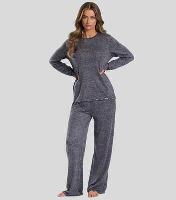 Loungeable Dark Grey Ribbed Marl Lettuce Trim Pyjama Set