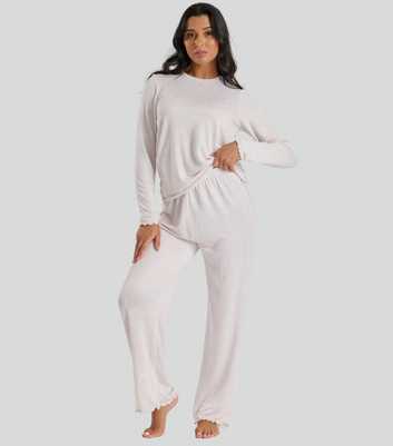 Loungeable Cream Rib Marl Lettuce Trim Pyjama Set