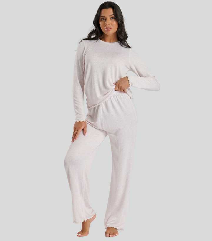Loungeable Cream Rib Marl Super Soft Brushed Marl Lettuce Trim Pyjama Set