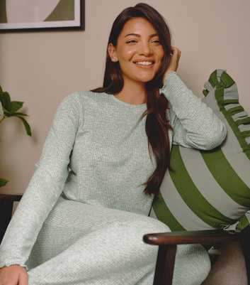 Loungeable Light Green Ribbed Marl Lettuce Trim Pyjama Set