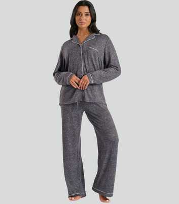  Loungeable Dark Grey Marl Long Sleeve Buttoned Pyjama Set