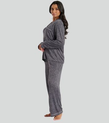 Loungeable Dark Grey Marl Long Sleeve Buttoned Pyjama Set New Look