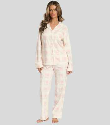 Loungeable Pink Micro Fleece Check Button Front Pyjama Set