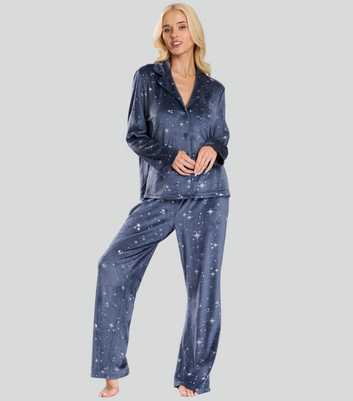 Loungeable Navy Soft Velour Star Pattern Pyjama Set