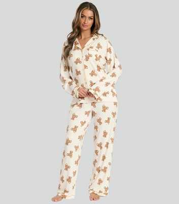 Loungeable Cream Teddy Bear Print Pyjama Set