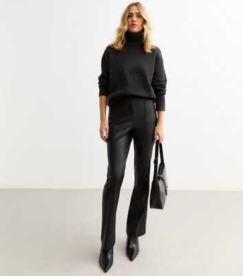 Black Faux Leather Kick Flare Trousers