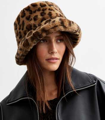 Brown Leopard Print Faux Fur Bucket Hat