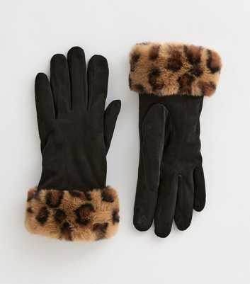 Black Leopard Print Faux Fur Trim Gloves