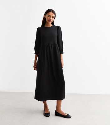 Black Cropped Sleeve Textured Smock Dress