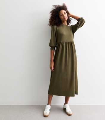 Khaki Cropped Sleeve Textured Smock Dress