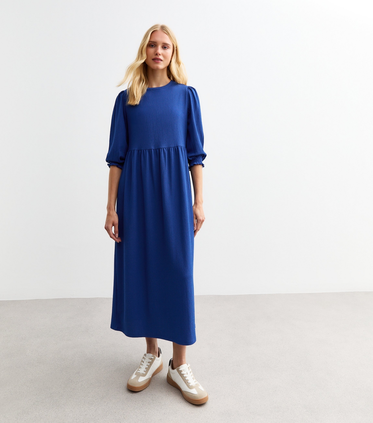 Women's Blue Cropped Sleeve Textured Smock Dress New Look