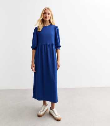 Blue Cropped Sleeve Textured Smock Dress