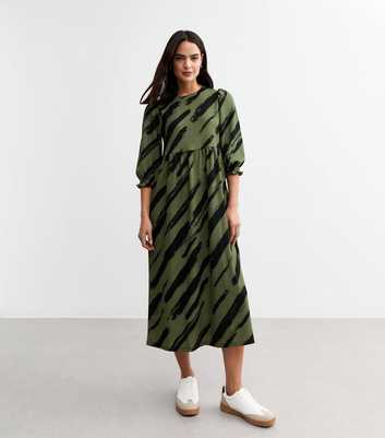 Green Striped Textured Smock Midi Dress