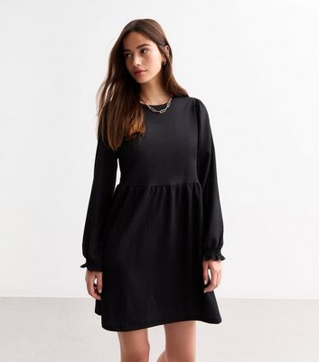 Black Crinkle Long Sleeve Mini Smock Dress New Look