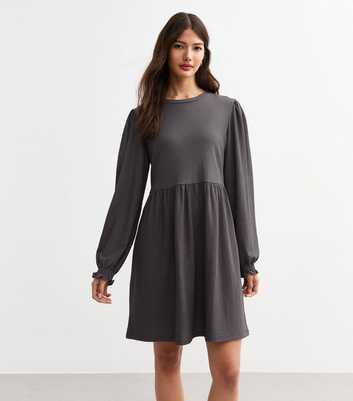 Grey Crinkle Long Sleeve Mini Smock Dress