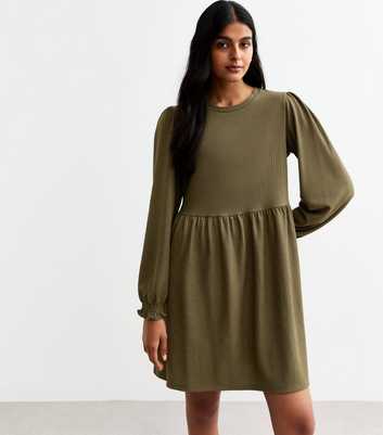 Khaki Crinkle Long Sleeve Mini Smock Dress