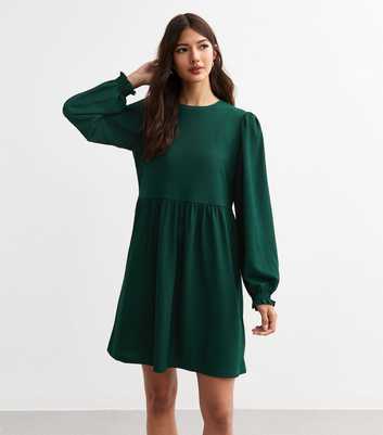 Green Crinkle Long Sleeve Mini Smock Dress