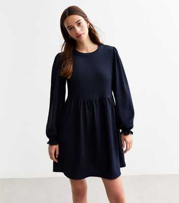 Navy Crinkle Long Sleeve Mini Smock Dress