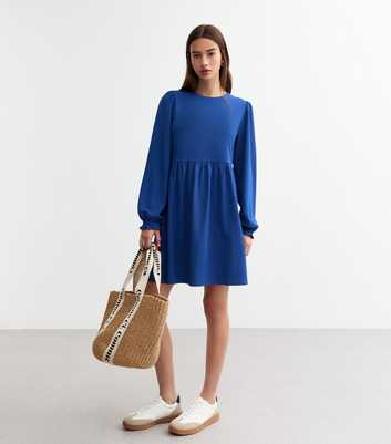 Blue Crinkle Long Sleeve Mini Smock Dress