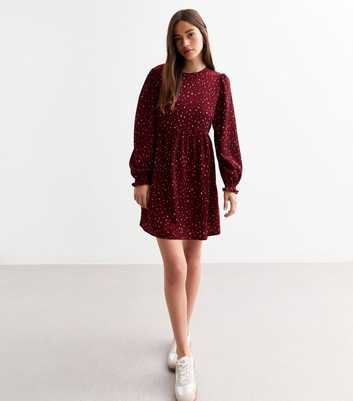 Red Long Sleeve Patterned Crinkle Mini Dress