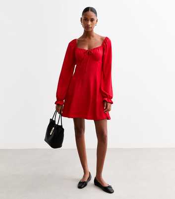 Red Square Neck Crinkled Long Sleeved Mini Dress