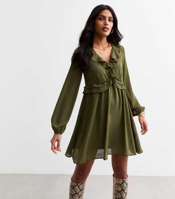 Khaki Ruffled Chiffon Mini Dress