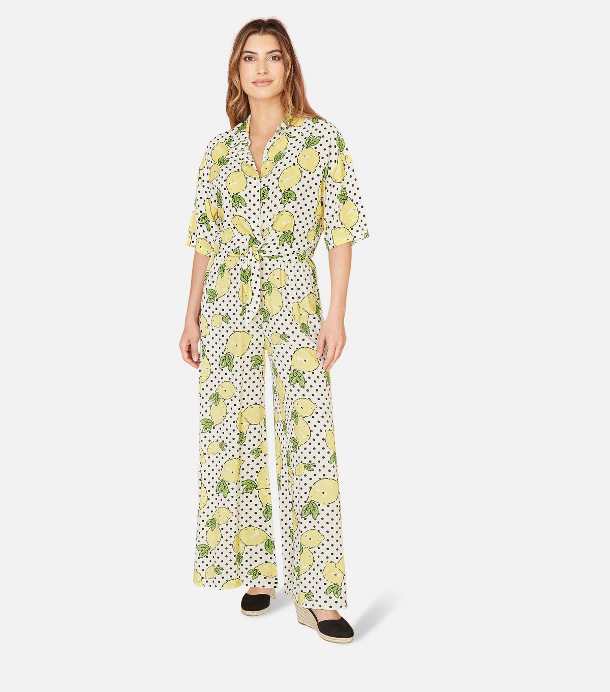 Women's White Lemon-Print Wide Leg Trousers Mela New Look
