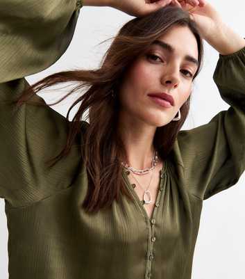 Khaki Round Neck Button Through Blouse