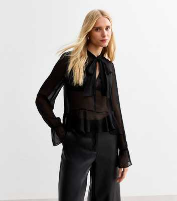 Black Chiffon Tie Neck Peplum Blouse 