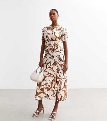 Brown Floral Print Short Sleeved Midi Dress