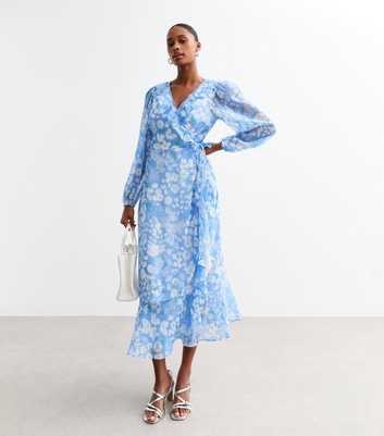 Blue Floral Wrap Chiffon Midi Dress