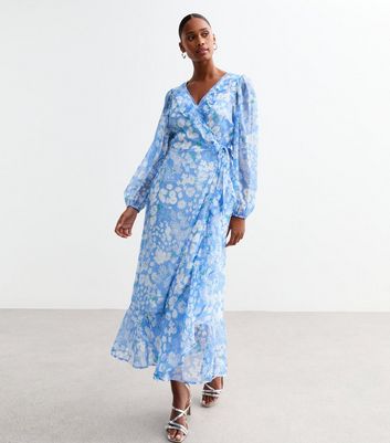 Blue Floral Wrap Chiffon Midi Dress New Look