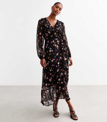 Black Floral Wrap Chiffon Midi Dress