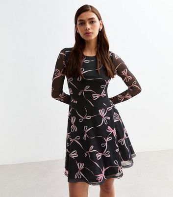 Black Bow Print Long Sleeve Mesh Skater Dress New Look