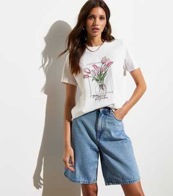 White Tulips-Print Cotton T-Shirt