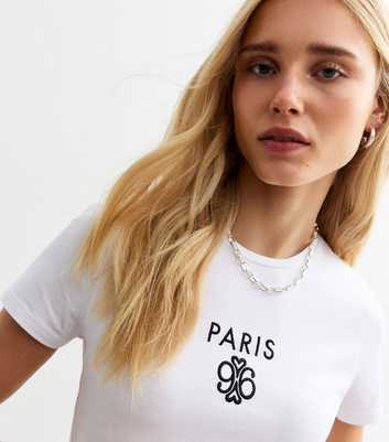 White Cotton-Blend Embroidered Paris Slogan Mini T-Shirt