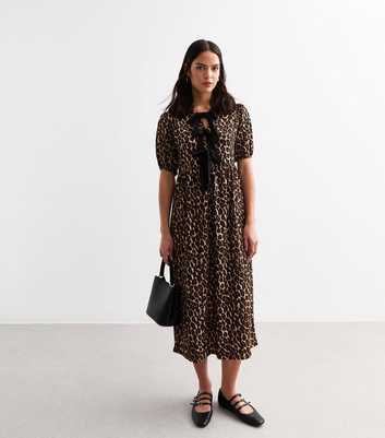 Brown Leopard Print Tie Detail Puff Sleeve Midi Dress