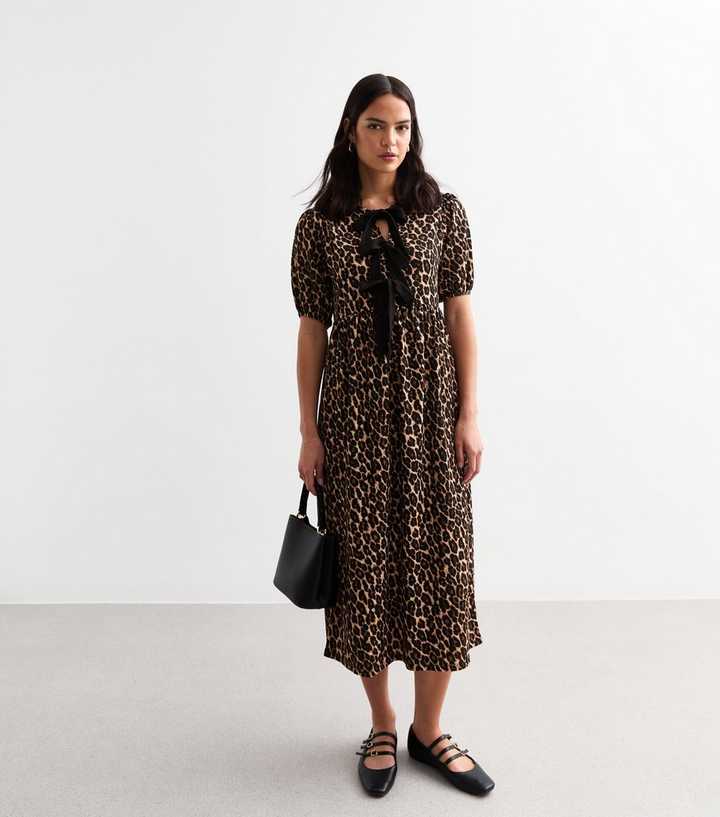Brown Leopard Print Tie Detail Puff Sleeve Crinkled Midi Dress | New Look
